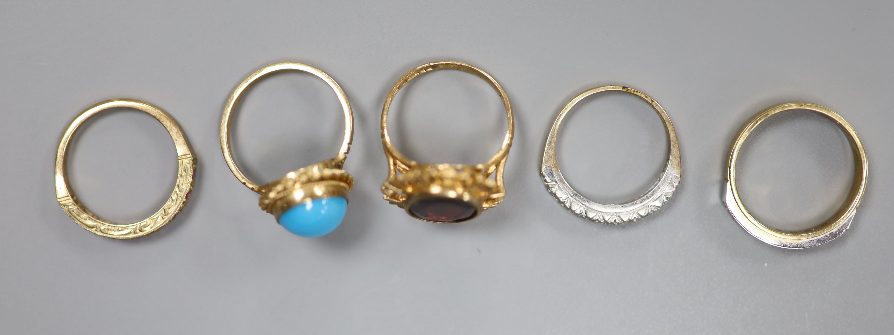 Five assorted modern 9ct gold and gem set rings including seven stone diamond chip ring, turquoise and ruby